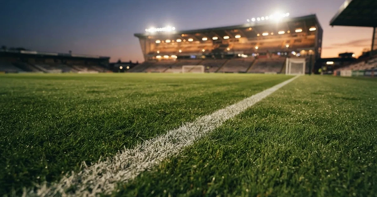 Eine Seitenlinie aus weisser Kreide auf dem Rasen in der Dämmerung, in der Ferne ragt eine hell beleuchtete Stadionschüssel auf.