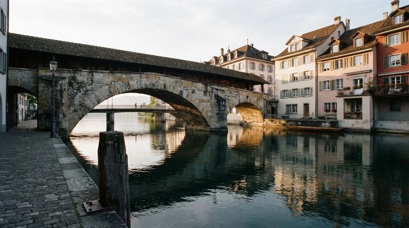 Ein steinerner Brückenbogen über einem Fluss in einer Schweizer Altstadt im ersten Morgenlicht.