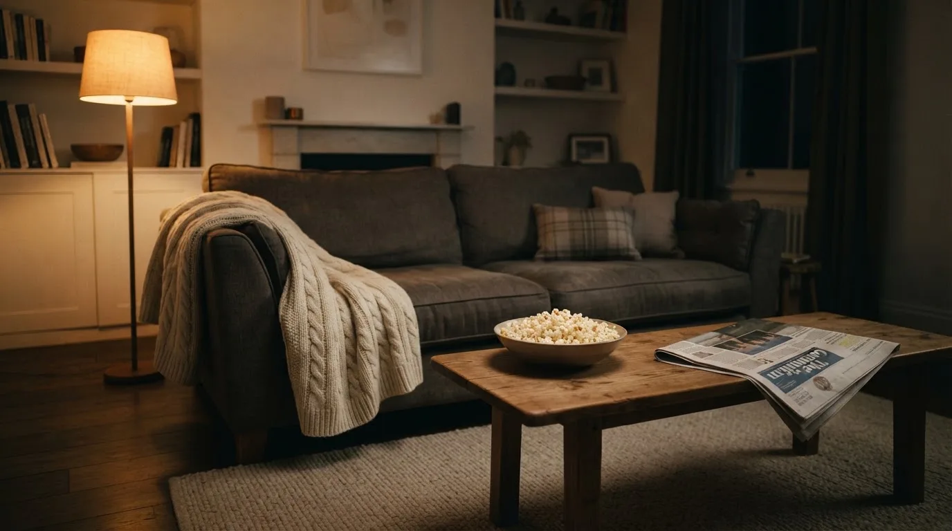 Ein Sofa mit Wolldecke und eine Schale Popcorn auf dem Couchtisch in einem Wohnzimmer bei Lampenlicht am späten Abend.