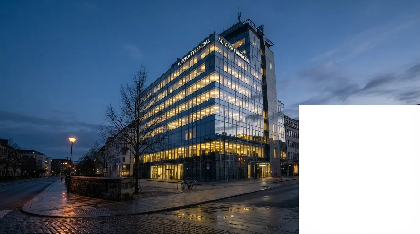 Ein Bürogebäude aus Glas in der Dämmerung mit beleuchteten Fenstern, gesehen von einer Strassenecke.