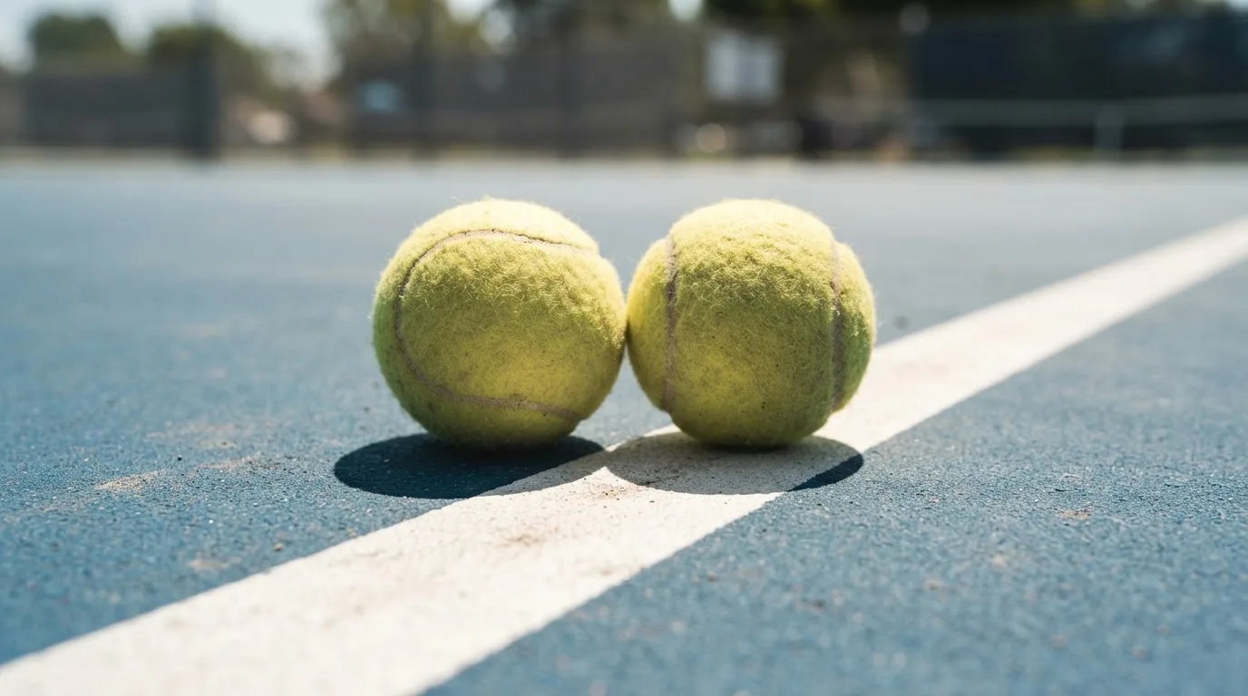 Zwei Tennisbälle liegen auf der weissen Grundlinie eines Hartplatzes im grellen Sonnenlicht.