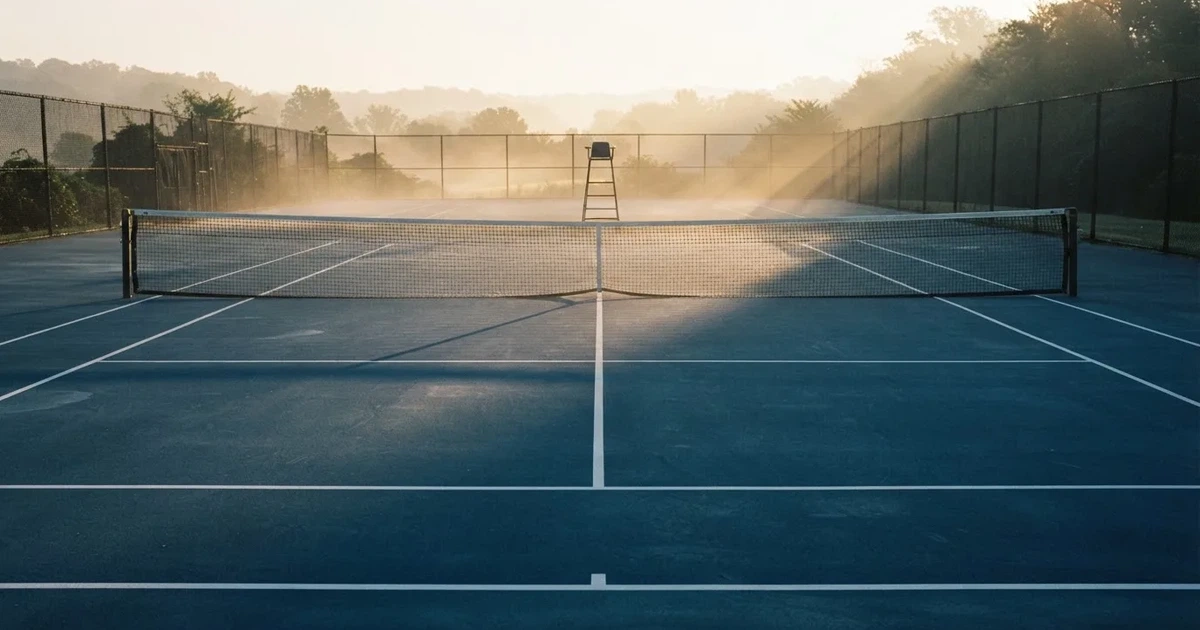 Ein leerer Tennisplatz im Morgengrauen, der Netzschatten fällt lang über den Platz, über der Grundlinie liegt leichter Nebel.