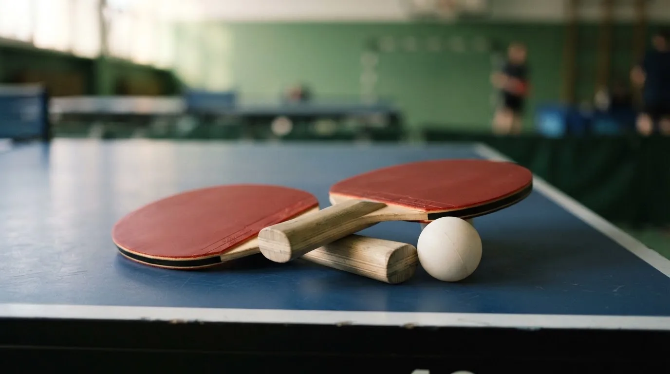 Zwei Tischtennisschläger liegen gekreuzt am Rand einer Platte, daneben ein kleiner weisser Ball.