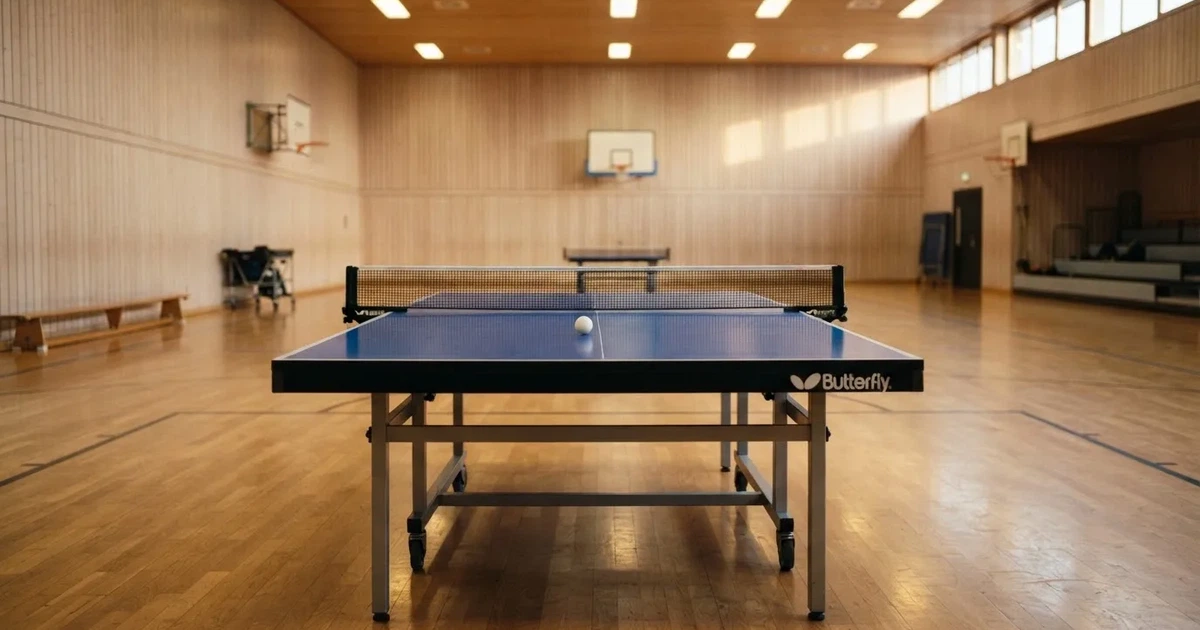 Eine Tischtennisplatte mit Netz in einer leeren Sporthalle, ein heller Ball liegt auf einer Seite, Deckenlicht spiegelt sich im Hallenboden.