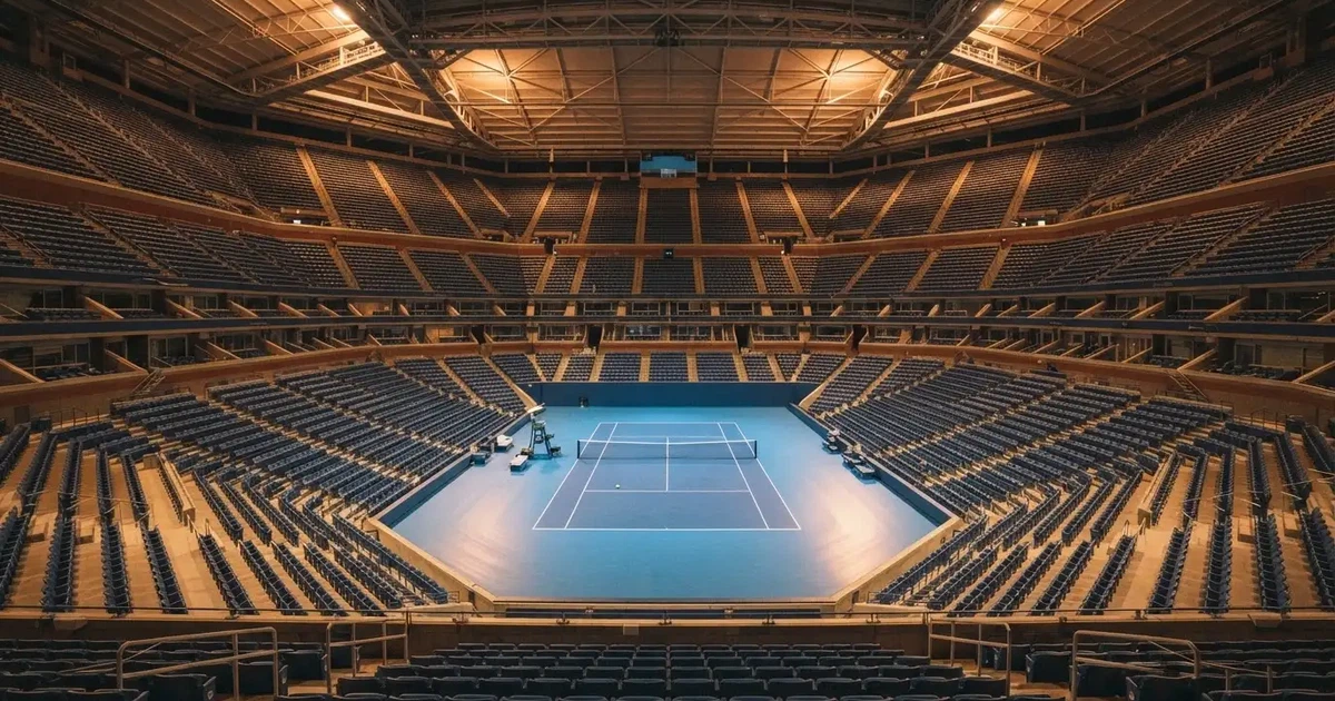 Ein hohes Tennisstadion mit geschlossenem Dach, von innen beleuchtet, leere Sitzreihen umschliessen den blauen Hartplatz.