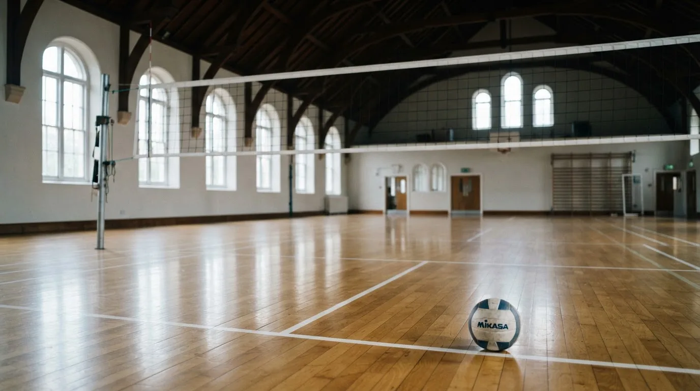 Eine Sporthalle mit gespanntem Volleyballnetz über poliertem Holzboden, hohe Fenster lassen Tageslicht herein.