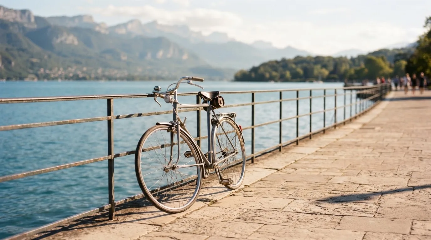 Ein Fahrrad lehnt an einem Geländer einer Uferpromenade an einem See im Sonnenlicht.