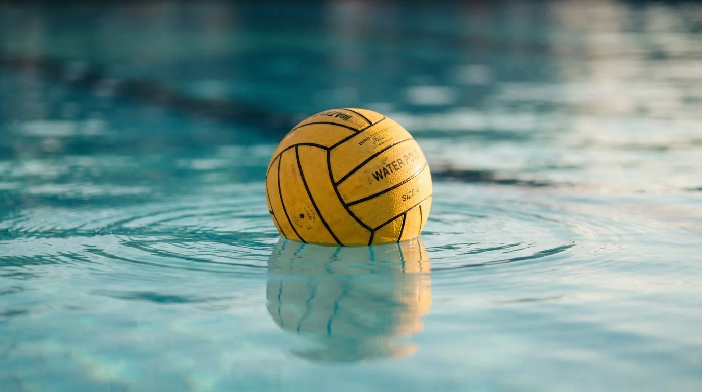 Ein gelber Ball treibt auf ruhigem türkisfarbenem Beckenwasser, feine Wellen im weichen Licht.