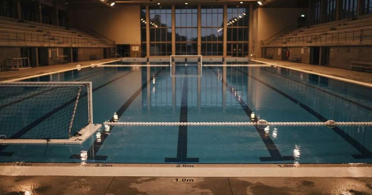 Ein Wasserballbecken am Abend mit zwei schwimmenden Torrahmen an den Enden, ruhiges blaues Wasser, leere Ränge.