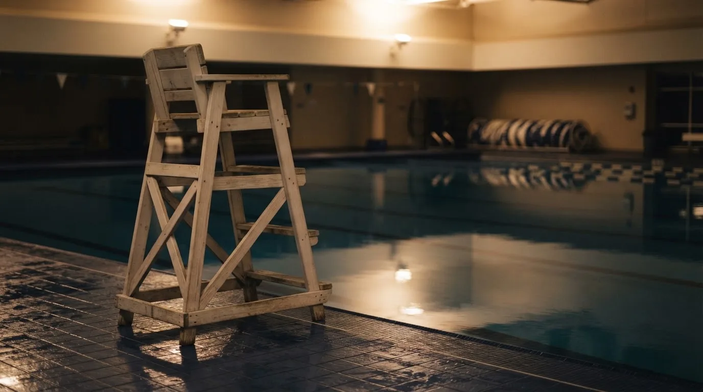 Ein Bademeisterstuhl neben einem Hallenbad zur Schliesszeit, gedimmtes Licht, glatte Wasseroberfläche.