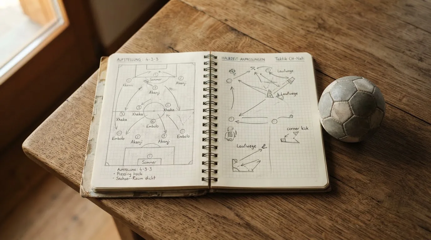 Ein aufgeschlagenes Notizbuch mit Bleistiftskizzen und ein kleiner Fussball liegen auf einem Holztisch im Tageslicht.