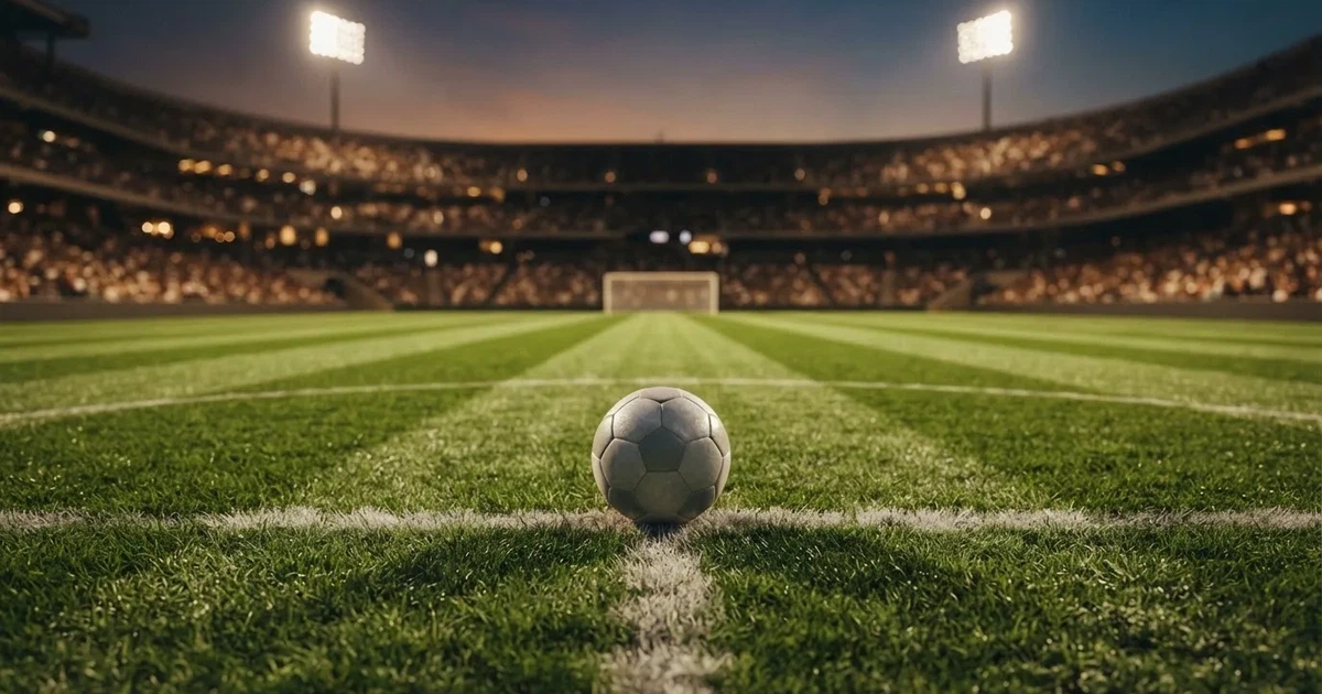 Ein Fussball liegt auf dem Anstosspunkt eines leeren Rasenplatzes, dahinter ragen die Ränge eines grossen Stadions in der Abenddämmerung auf.