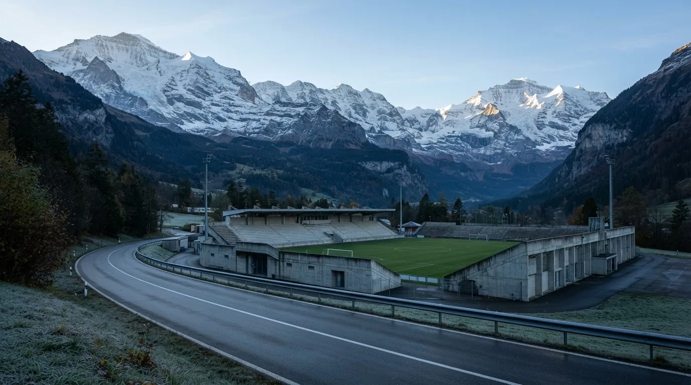 Schneebedeckte Berge erheben sich hinter einem Fussballstadion in einem Schweizer Tal, davor liegt eine leere Strasse im Morgenlicht.