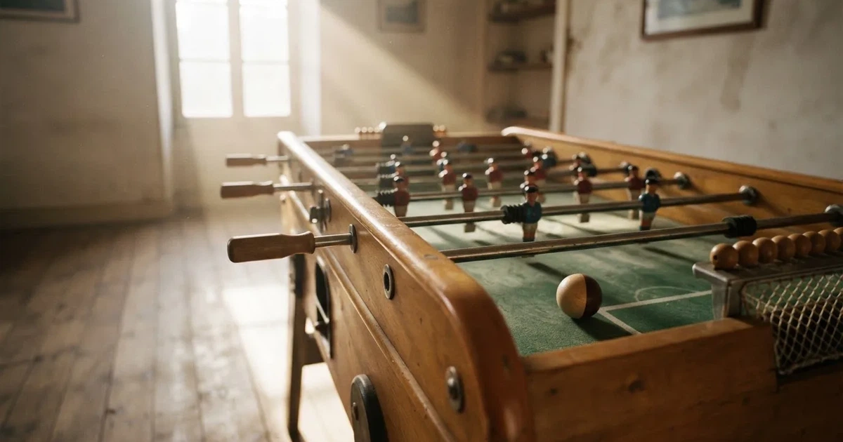 Ein Tischfussballtisch steht in einem leeren Raum, auf dem grünen Spielfeld liegt eine einzelne Kugel im Licht eines Fensters.