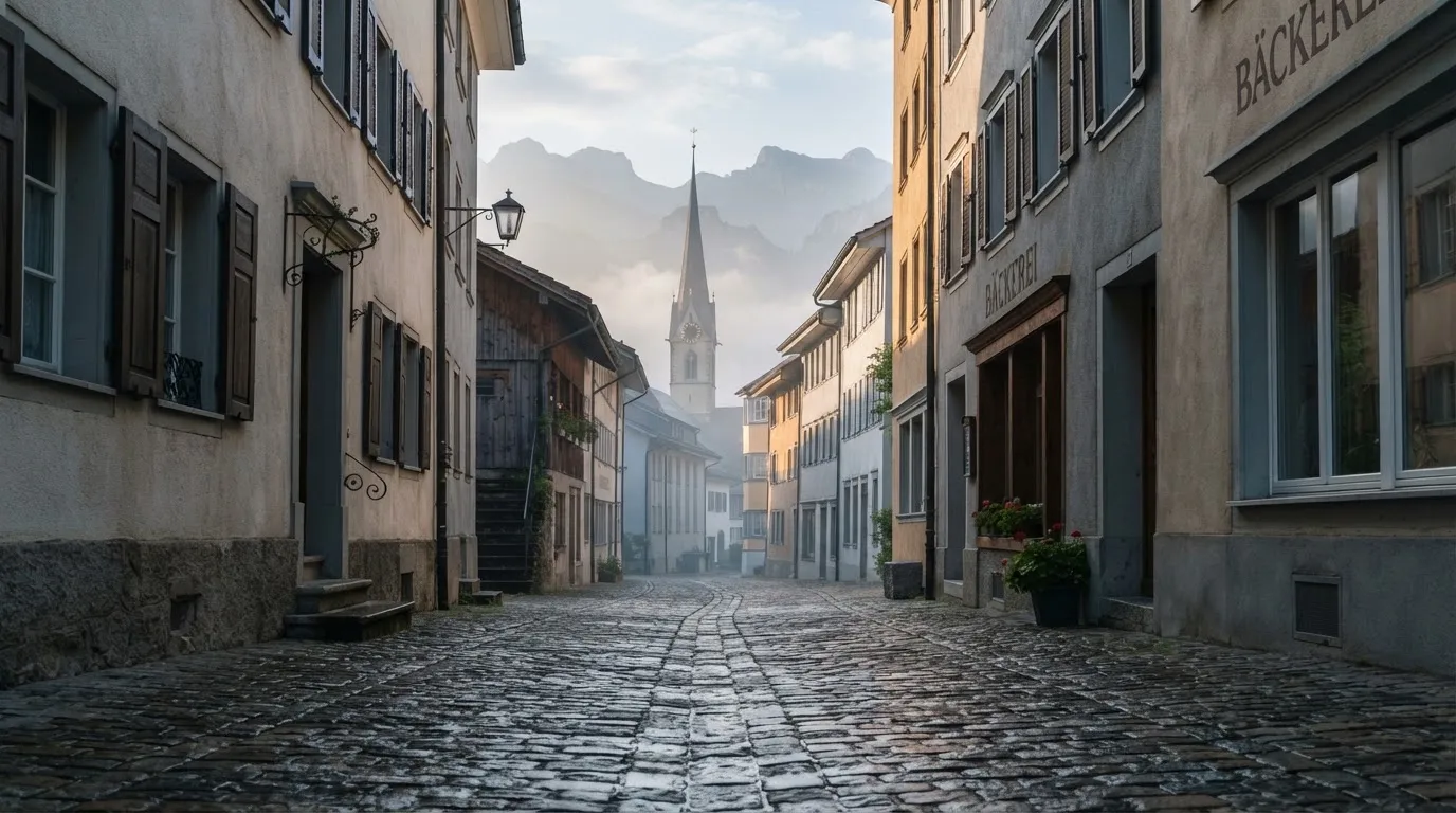 Eine ruhige Gasse in einer Schweizer Altstadt mit Kopfsteinpflaster am frühen Morgen, im Hintergrund ein Kirchturm und Berge im Dunst.