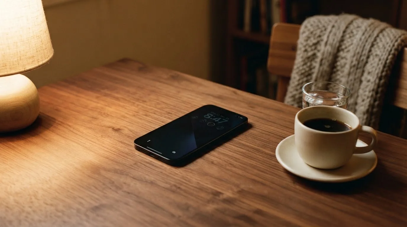 Ein Smartphone mit dunklem Display liegt neben einer Kaffeetasse und einem Glas Wasser auf einem Holztisch im Licht einer Lampe.
