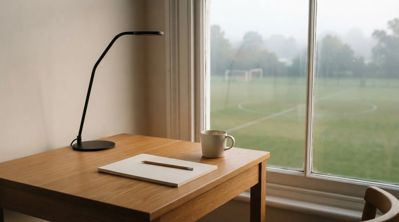 Ein Schreibtisch am Fenster mit Schreibtischlampe, Bleistift und leerem Block, draussen liegt ein Fussballplatz im Dunst.