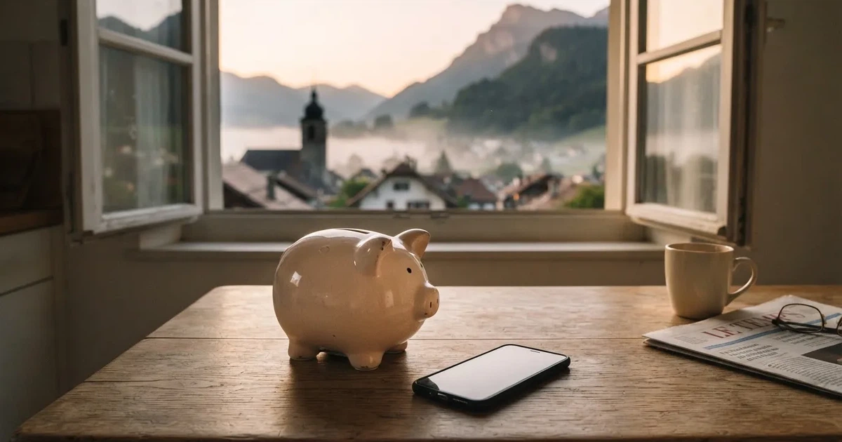 Ein Sparschwein aus Keramik steht auf einem Küchentisch neben einem Smartphone mit dunklem Display, im Fenster dahinter ein Schweizer Dorf im Morgenlicht.