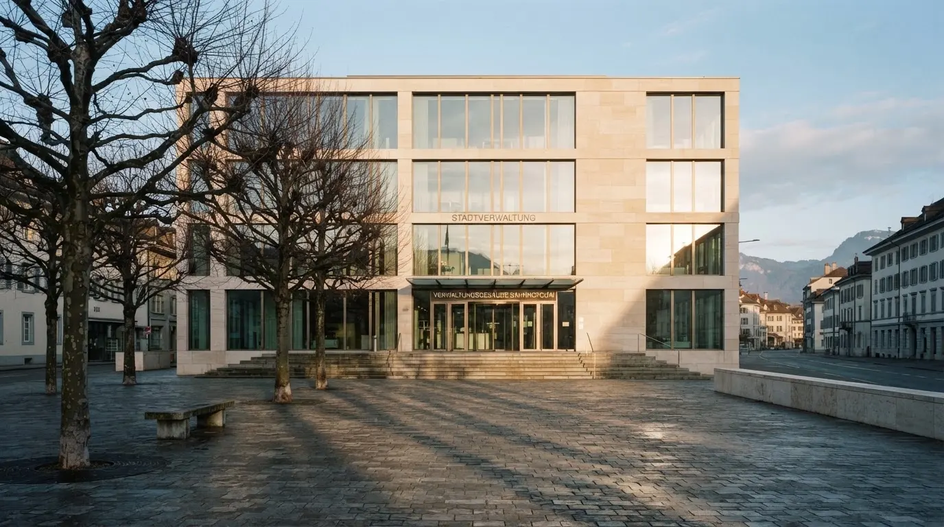 Ein Verwaltungsgebäude aus Glas und Stein steht an einem leeren Platz am frühen Morgen, davor eine Reihe kahler Bäume.