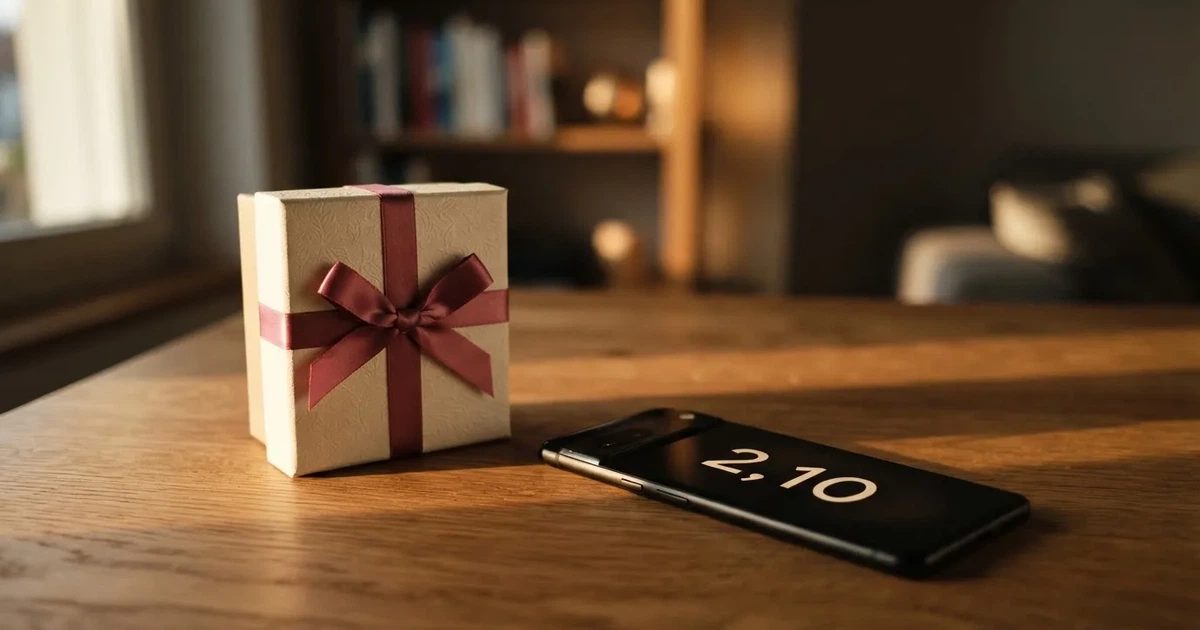Ein kleines Geschenk mit Schleife steht auf einem Holztisch neben einem Smartphone mit dunklem Display im Seitenlicht.