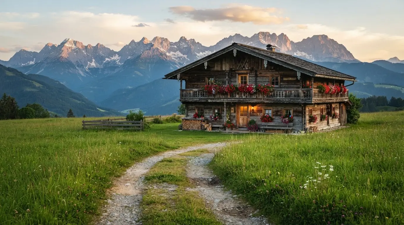 Ein Holzchalet mit Blumenkästen steht vor einer Bergkette im Abendlicht, davor führt ein leerer Feldweg durch eine Wiese.