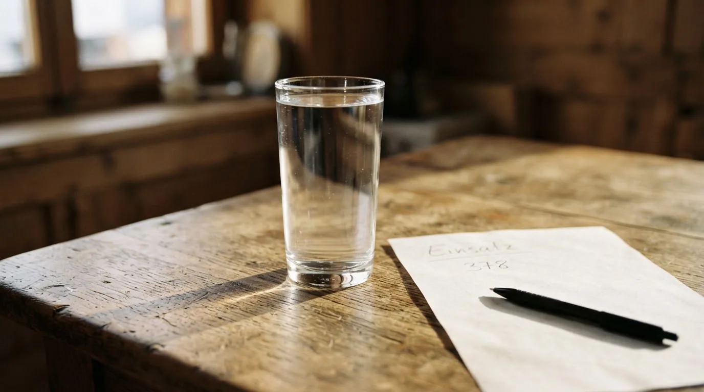 Ein Glas steht bis zum Rand gefüllt auf einem Holztisch, daneben ein Kugelschreiber und ein leeres Blatt Papier im Seitenlicht.