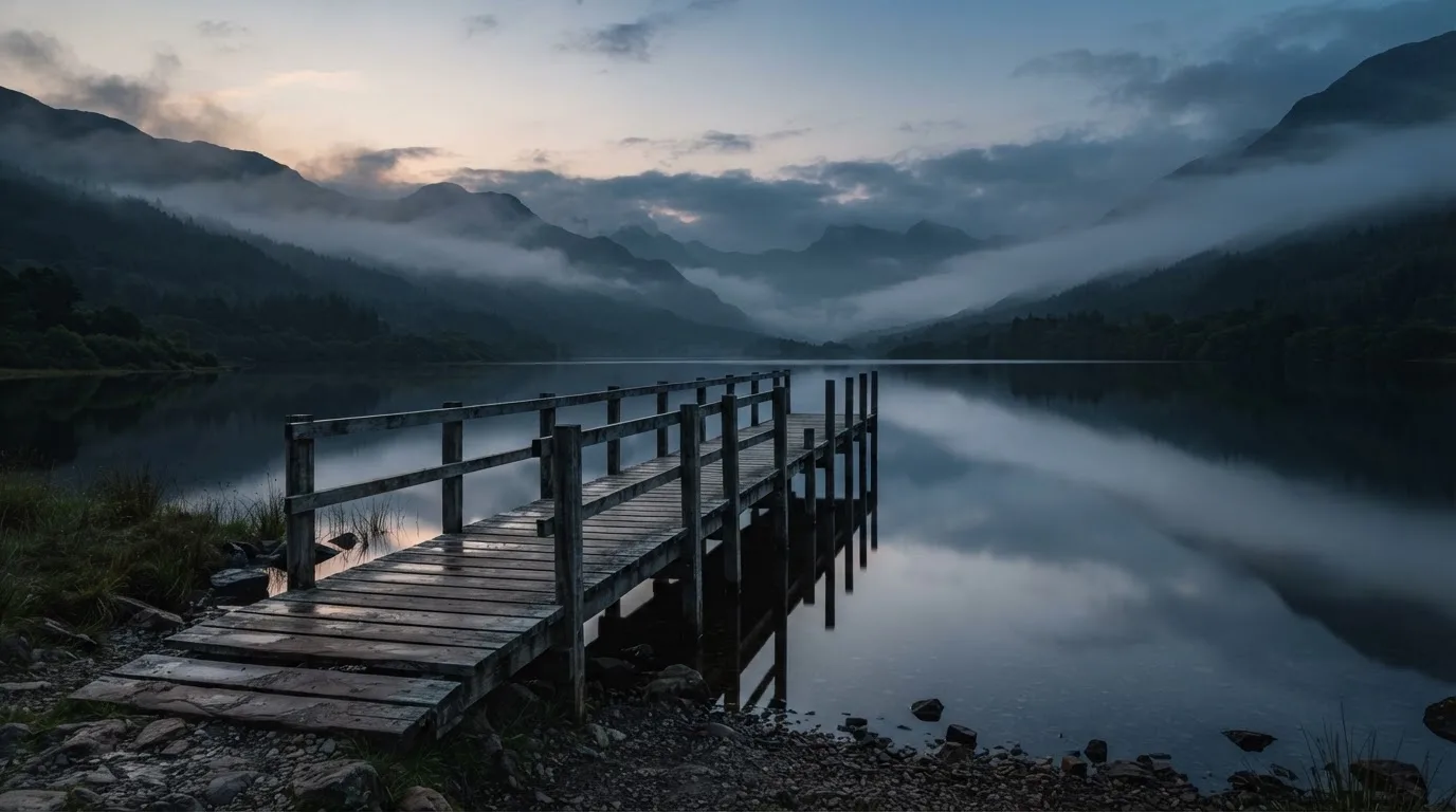 Ein Bergsee in der Dämmerung mit einem leeren Holzsteg, die Wasseroberfläche ist ruhig und Nebel zieht über die Hänge.