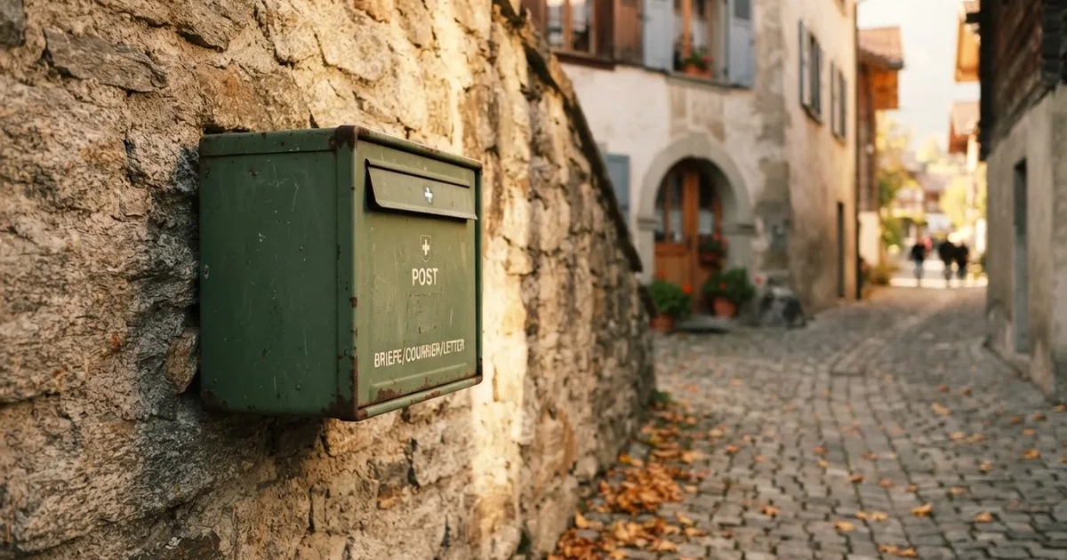 Ein Briefkasten aus Metall hängt an einer Steinmauer in einer Schweizer Gasse, Herbstlaub liegt auf dem Pflaster.