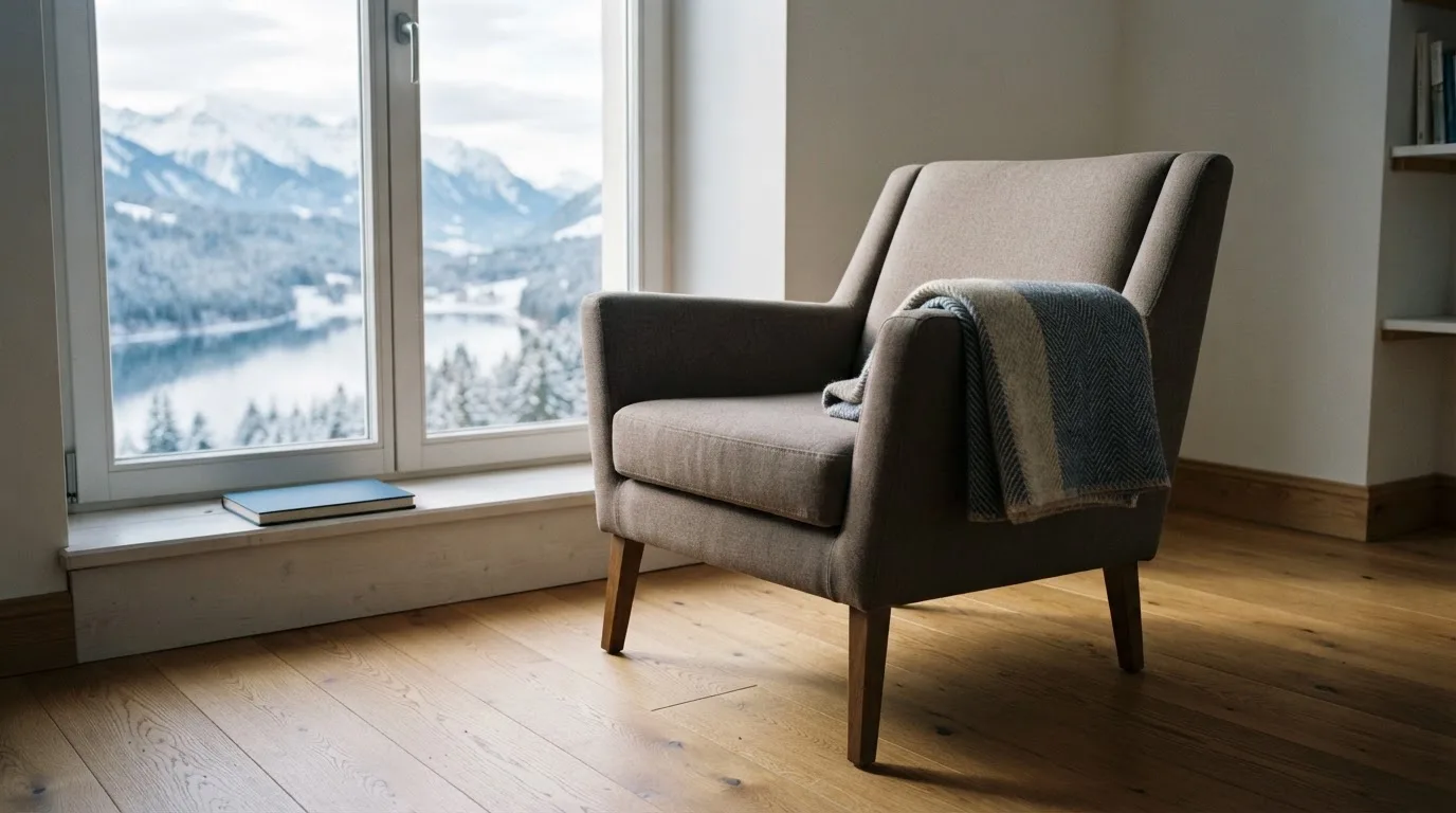 Ein leerer Sessel steht an einem Fenster mit Blick auf einen ruhigen See und schneebedeckte Berge im Morgenlicht.
