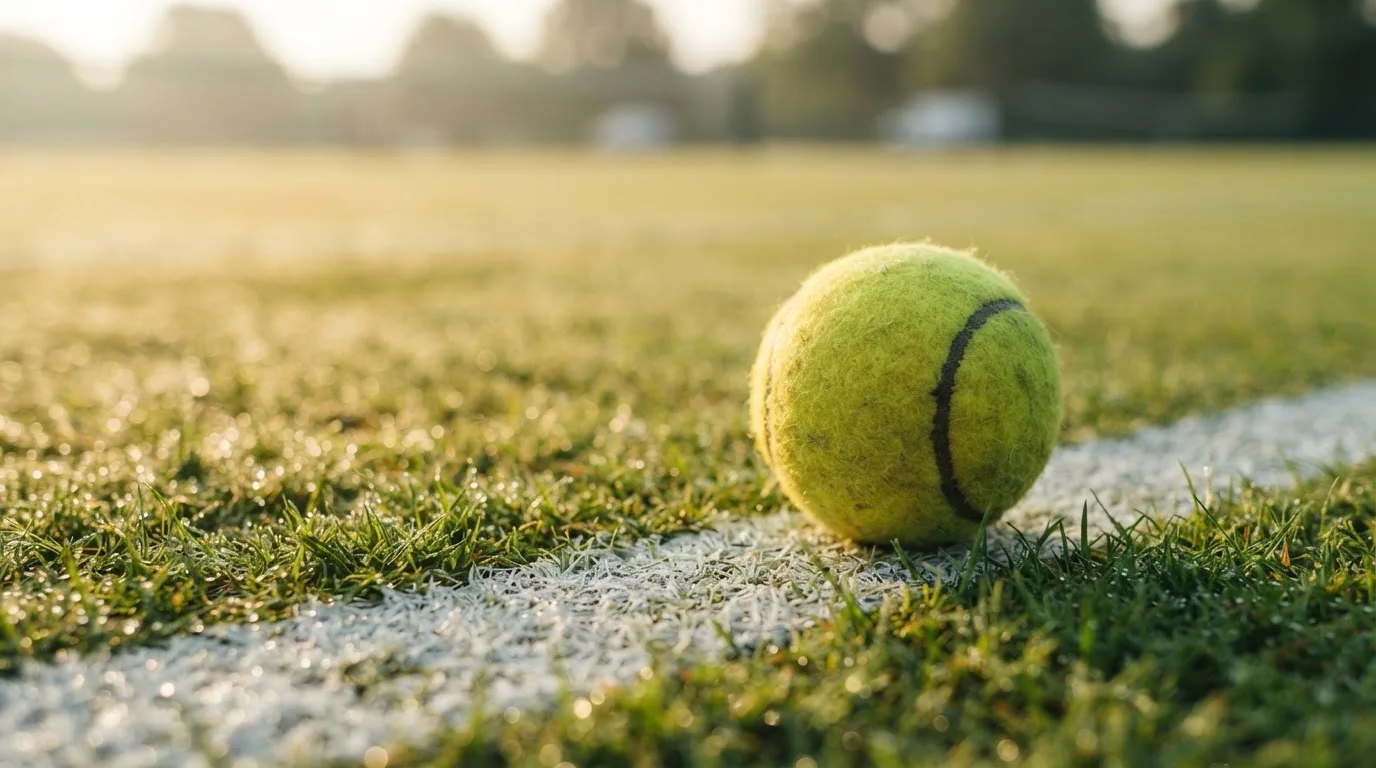 Ein gelber Tennisball liegt im Gras neben der weissen Grundlinie, Tau glitzert auf den Halmen im flachen Sonnenlicht.