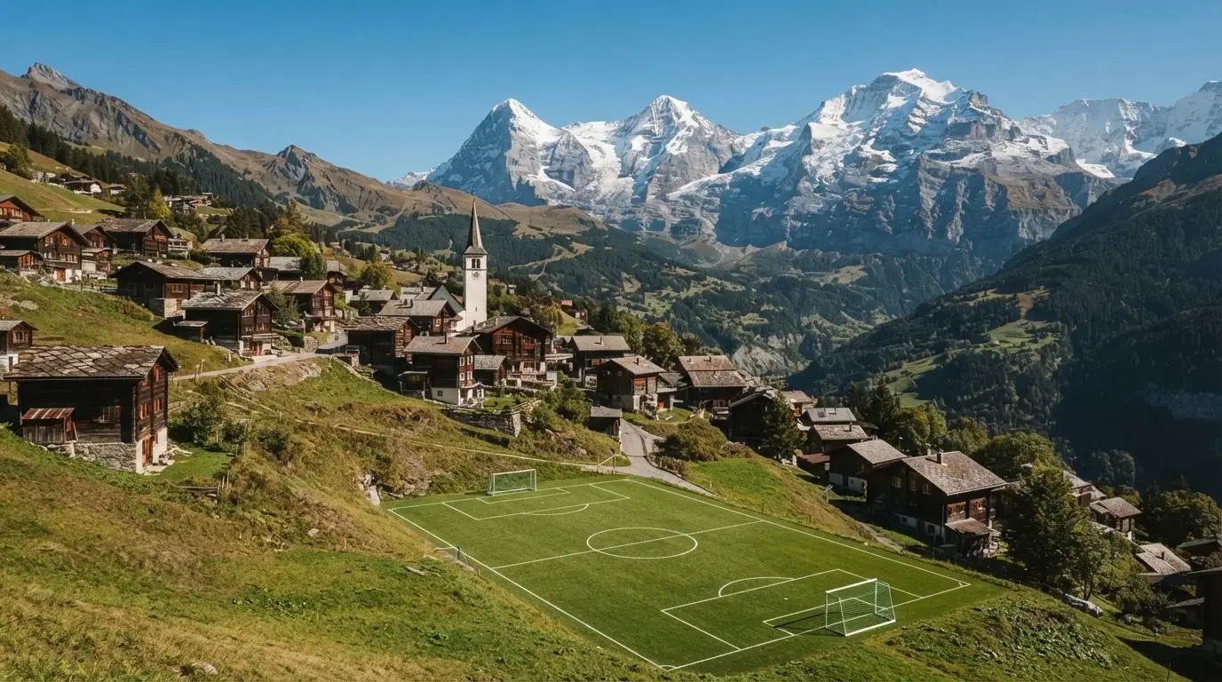 Ein Schweizer Bergdorf mit Kirchturm und einem kleinen Fussballplatz am Hang, im Hintergrund schneebedeckte Gipfel.