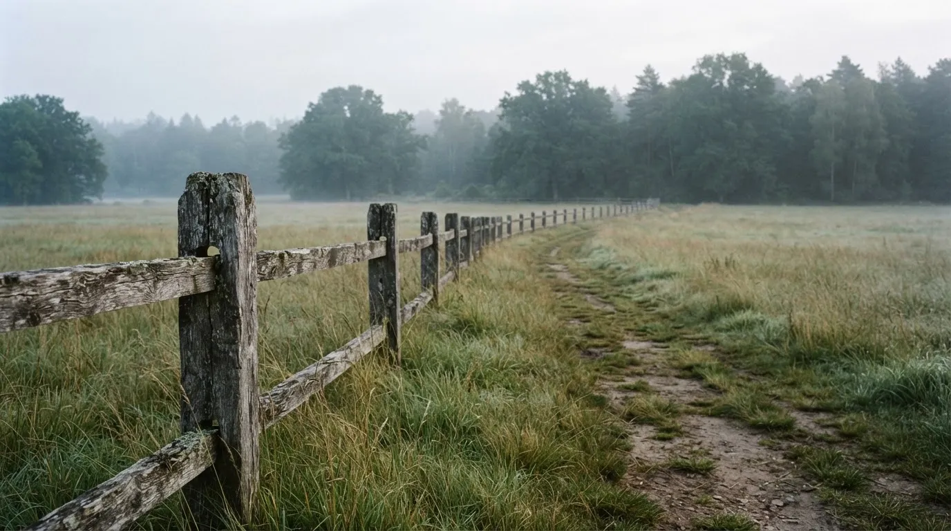 Ein Holzzaun trennt zwei Wiesen entlang eines Feldwegs, dahinter ein Waldrand im diffusen Morgenlicht.