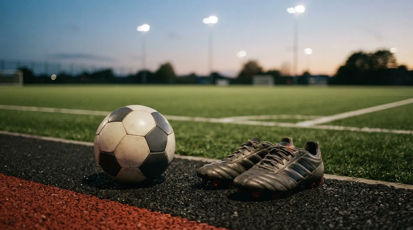 Ein Fussball und ein Paar Stollenschuhe stehen am Rand eines Kunstrasenplatzes, Flutlichtmasten ragen in den Abendhimmel.