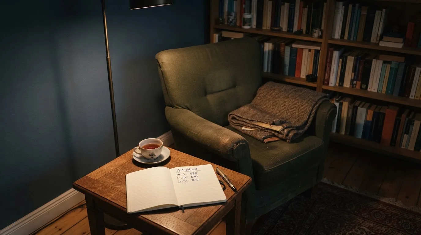 Ein Lesesessel mit Wolldecke steht neben einem Bücherregal und einer Stehlampe, auf dem Tisch eine Teetasse.