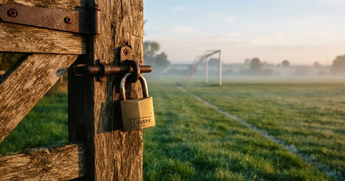 Ein Vorhängeschloss hängt an einem Holztor neben einem Fussballplatz im Morgenlicht, der Rasen ist taufeucht.