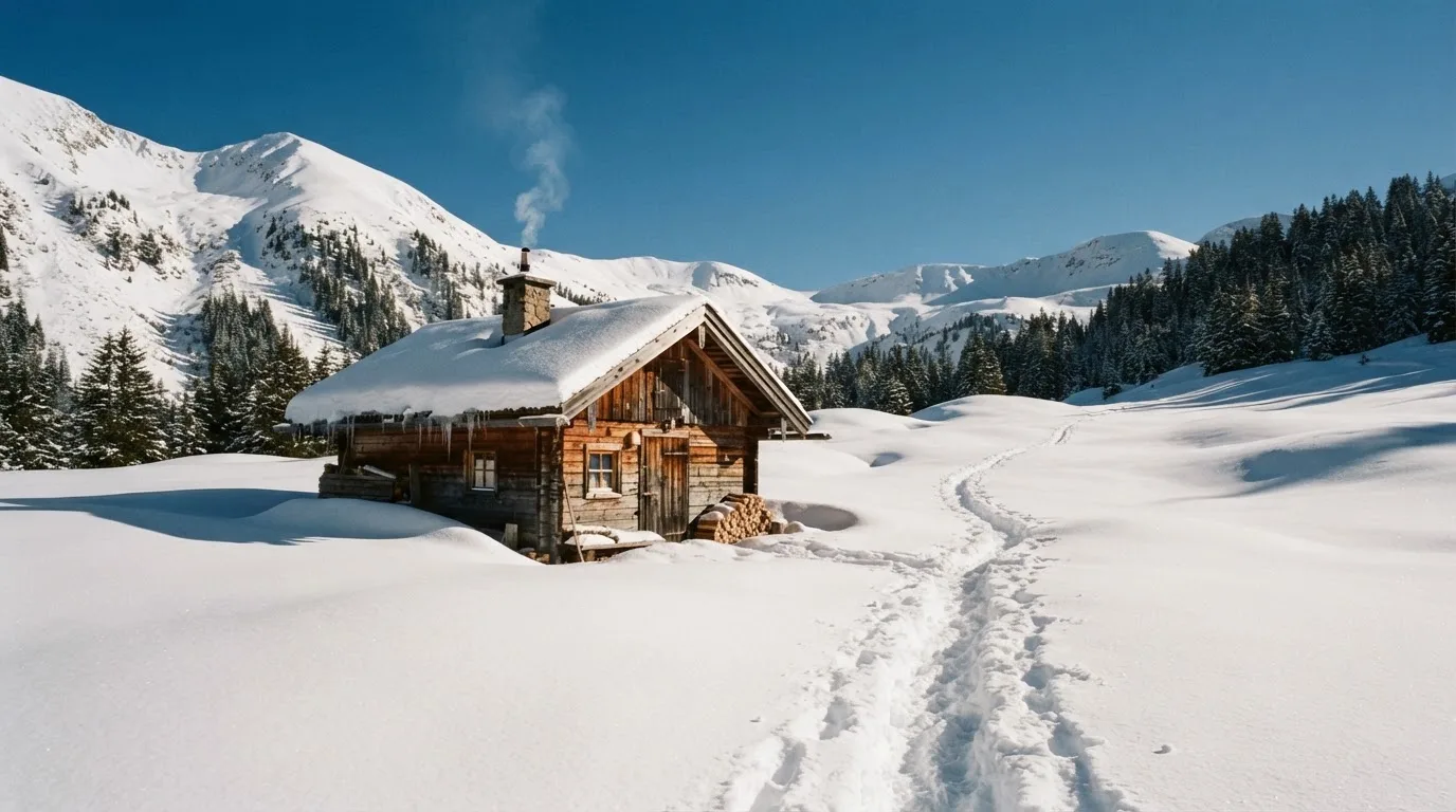 Eine Berghütte im Schnee mit rauchendem Kamin steht vor klarem Himmel, ein Pfad führt in die Stille.
