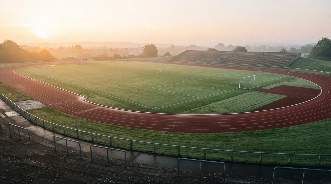 Eine rote Laufbahn umringt ein Fussballfeld beim Sonnenaufgang, auf dem Rasen liegt Tau.
