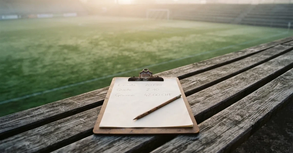 Ein Klemmbrett mit leerem Papier und ein Bleistift liegen auf einer Tribünenbank, darunter ein Rasenplatz im Frühnebel.
