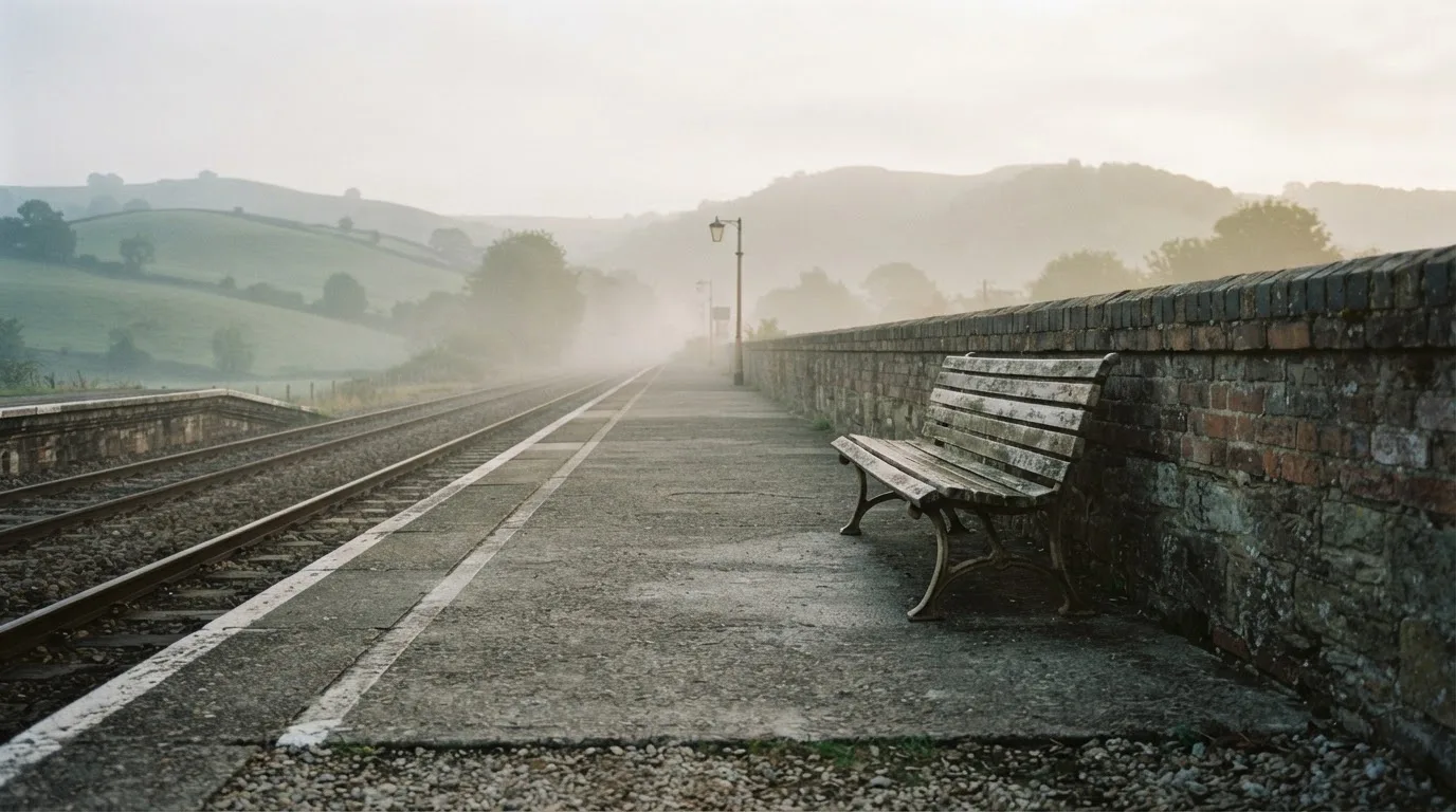 Ein leerer Bahnsteig mit einer Holzbank im Morgennebel, dahinter sanfte Hügel.