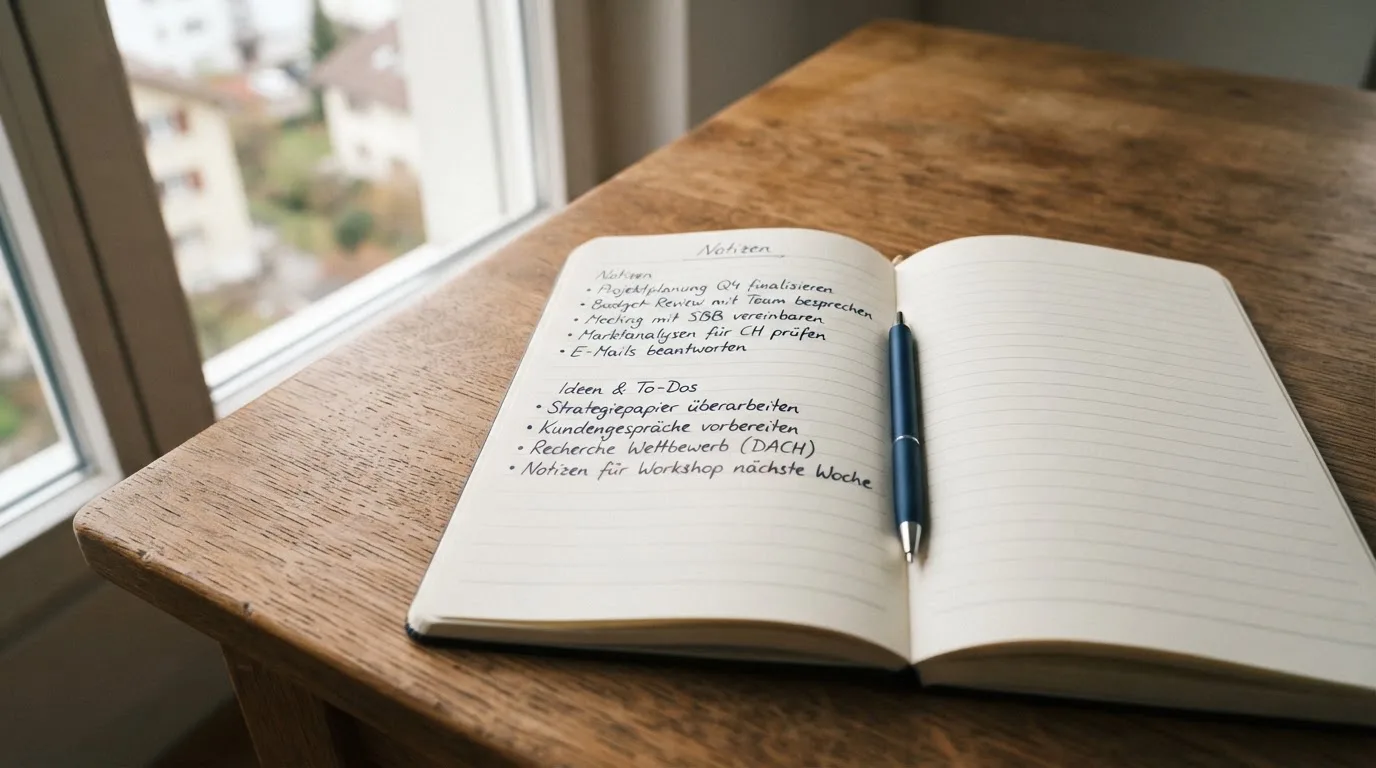 Ein aufgeschlagenes Notizbuch mit handschriftlichen Notizen und ein Kugelschreiber liegen auf einem Holztisch neben einem Fenster mit Tageslicht.