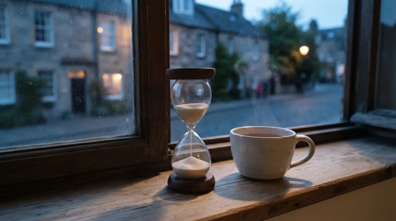 Eine Sanduhr steht auf einem Fensterbrett neben einer Tasse Tee, draussen dämmert es über einer ruhigen Strasse.