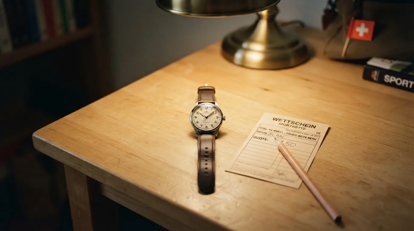 Eine Armbanduhr und ein gespitzter Bleistift liegen auf einem hellen Holztisch im Licht einer Schreibtischlampe.