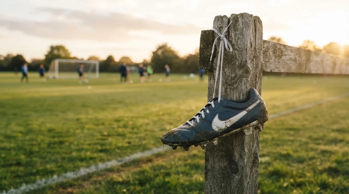 Ein Fussballschuh hängt an den Schnürsenkeln an einem Zaunpfosten neben einem Trainingsplatz im Abendlicht.