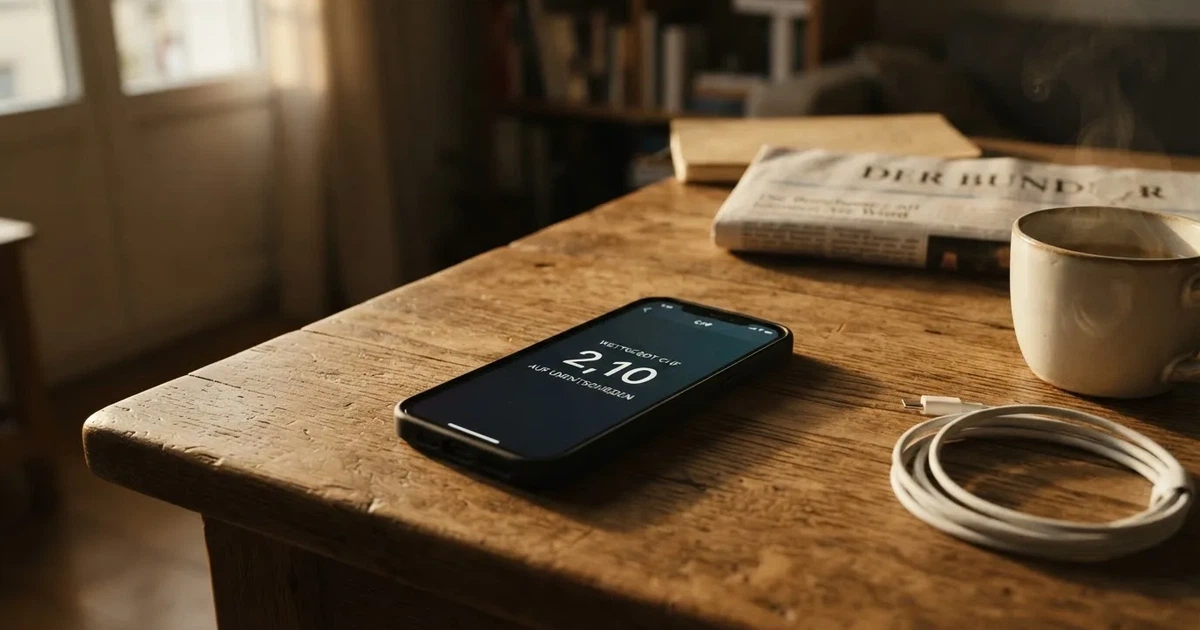 Ein Smartphone mit dunklem Display liegt auf einem Holztisch neben einem Ladekabel und einer Kaffeetasse.