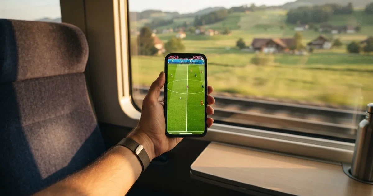 Eine Hand hält ein Smartphone mit schwarzem Bildschirm vor einem Zugfenster, draussen ziehen Hügel und Wiesen vorbei.