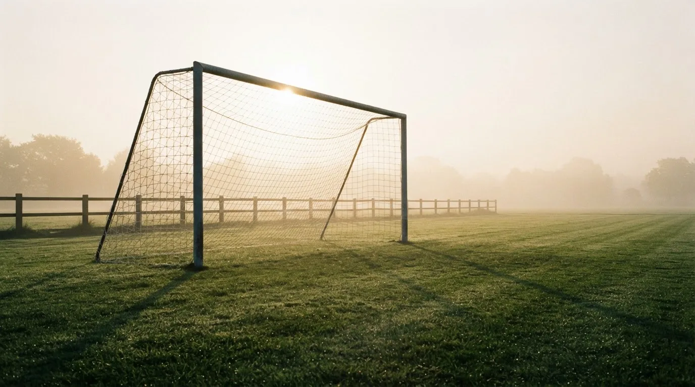 Ein Torpfosten mit Netz steht im Gegenlicht auf einem leeren Fussballplatz, über dem Rasen liegt Nebel.
