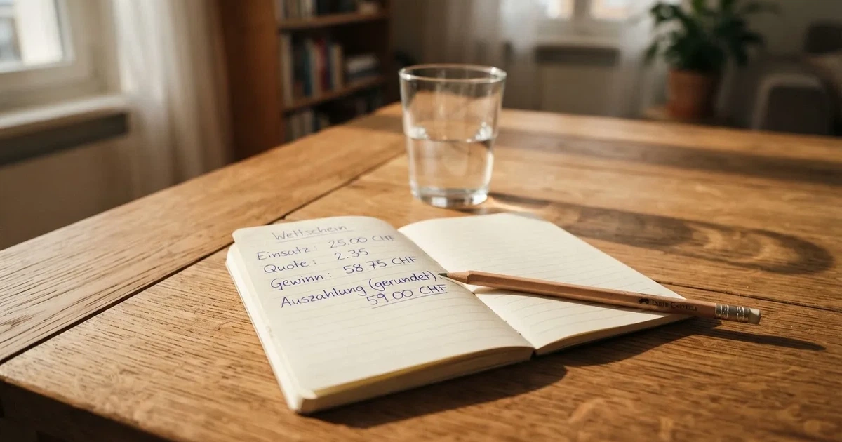 Ein Taschenrechner und ein Bleistift liegen auf einem Holztisch, daneben steht ein halb gefülltes Glas Wasser.