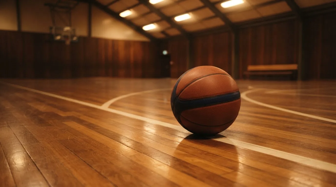 Ein Basketball liegt auf dem Parkett einer leeren Sporthalle im Licht der Deckenlampen.