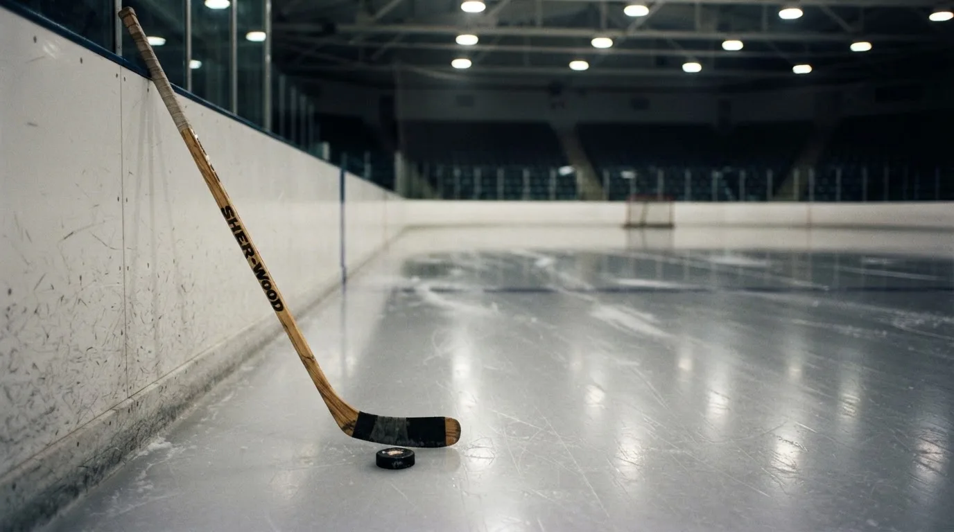 Ein Eishockeyschläger lehnt an der Bande einer leeren Halle, auf dem Eis spiegeln sich die Deckenlampen.