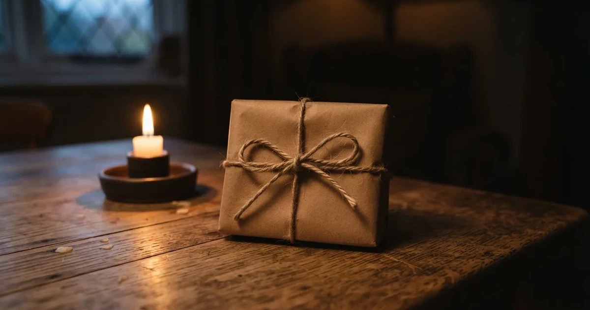 Ein einzelnes Geschenkpaket mit Schnur liegt auf einem Holztisch neben einer brennenden Kerze.